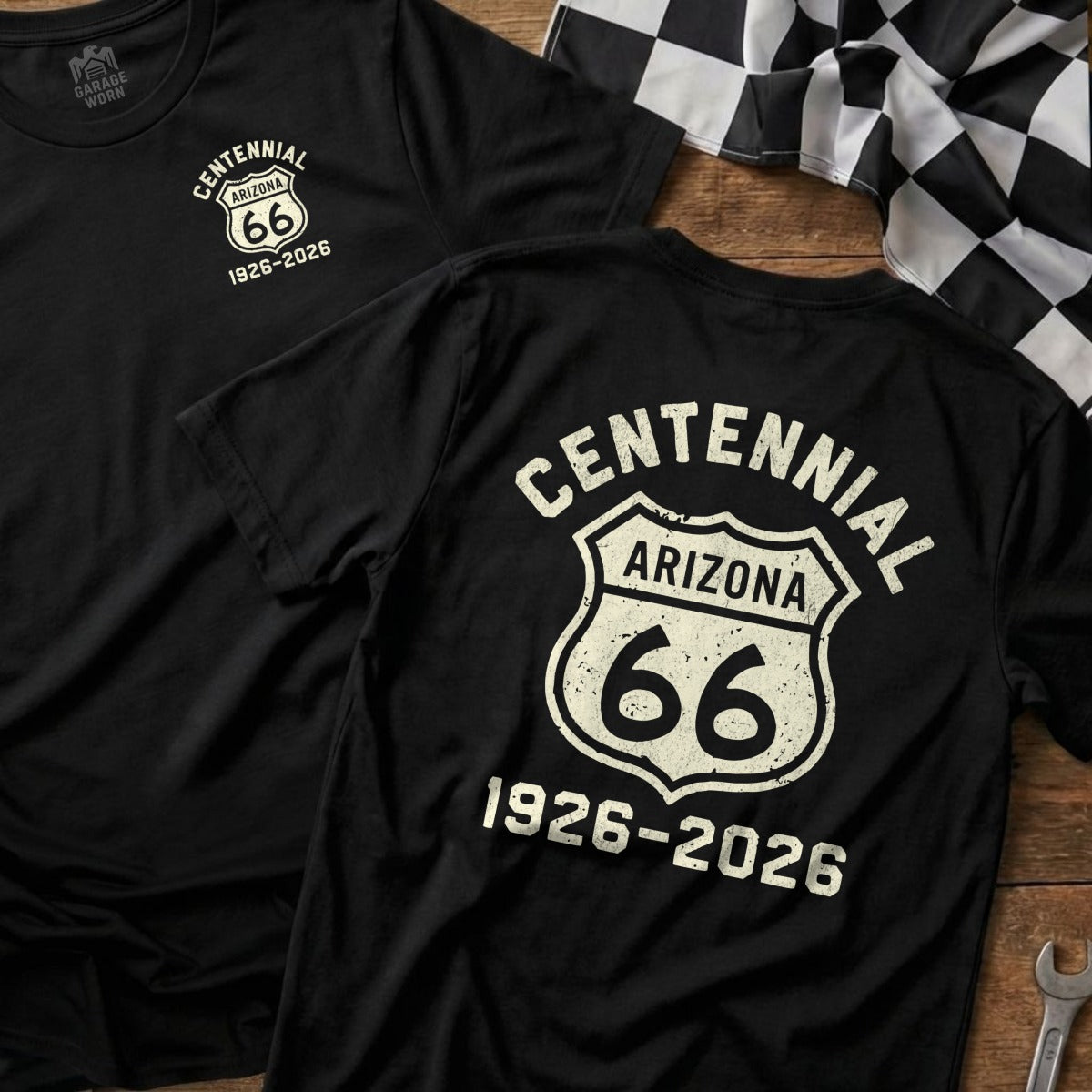 Black t-shirt with "Centennial Arizona 1926-2026" Route 66 shield logo.