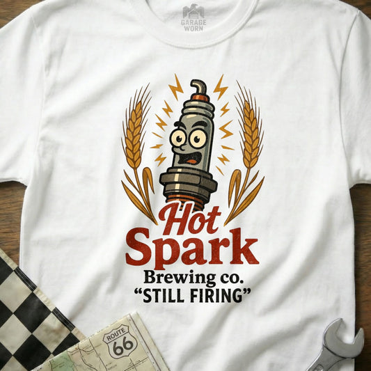 Hot Spark Brewing Co. "Still Firing" graphic on a white t-shirt.