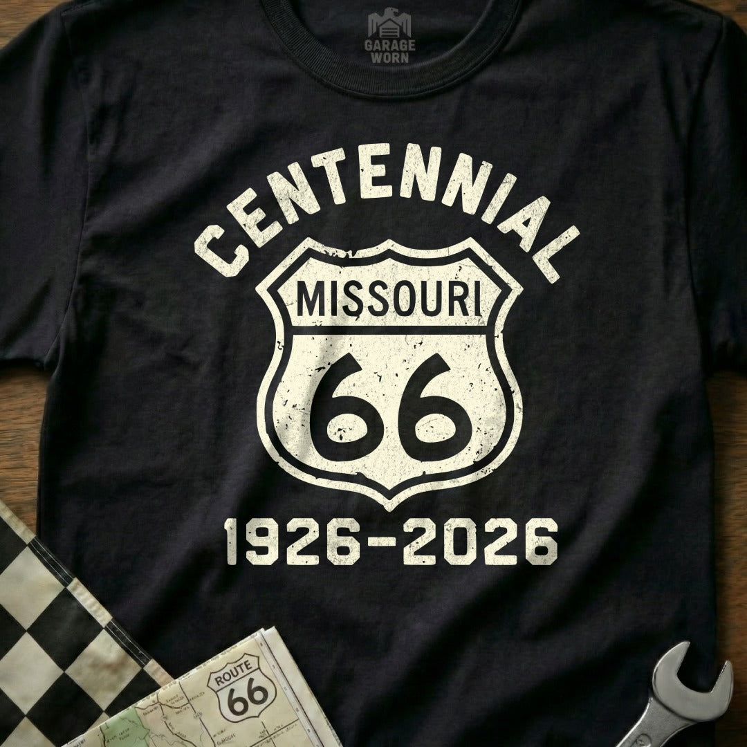 Black t-shirt with Route 66 Centennial Missouri 1926-2026 design.