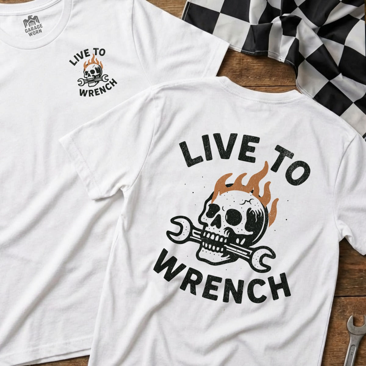 Live to Wrench Graphic Skull T-Shirt for Gearheads