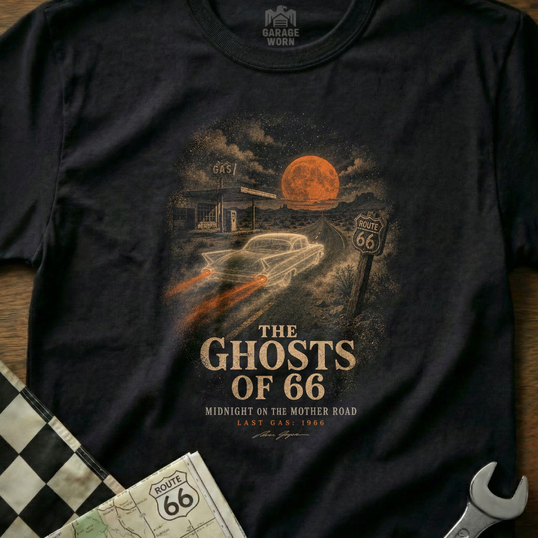 T-shirt graphic: vintage car, Route 66, gas station, orange moon, and text "The Ghosts of 66".