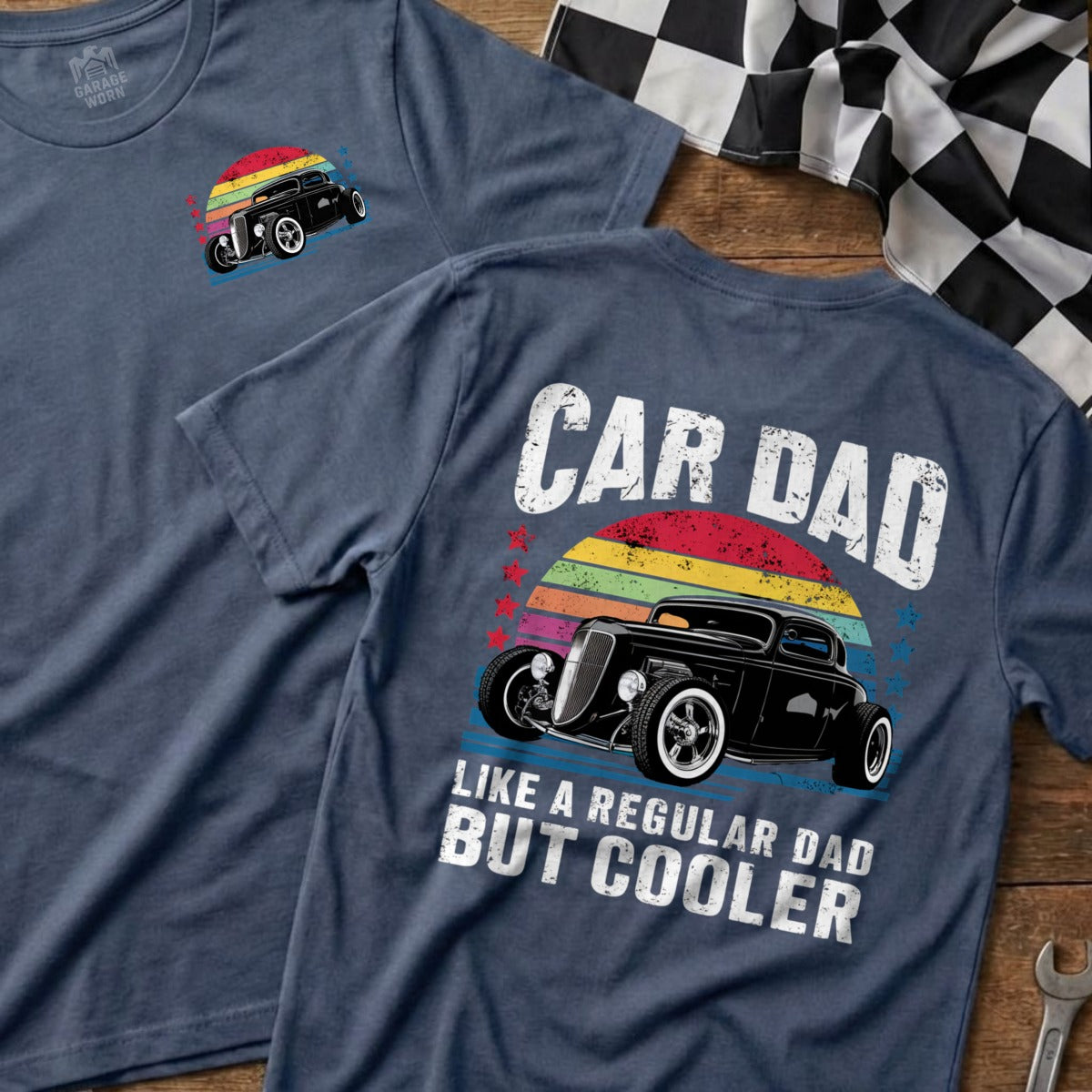 Car Dad graphic t-shirt with vintage car and sunset design.