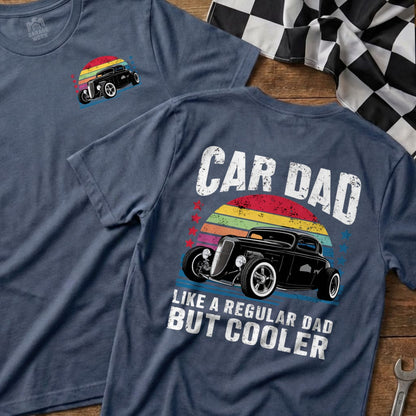 Car Dad graphic t-shirt with vintage car and sunset design.