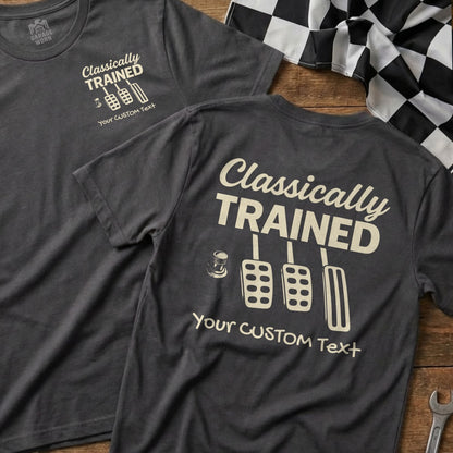 Dark grey t-shirt with "Classically Trained" and three pedals graphic.