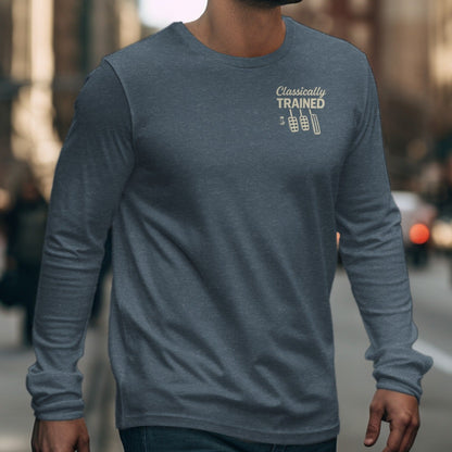 Dark gray long sleeve shirt with "Classically TRAINED" and pedal graphic.