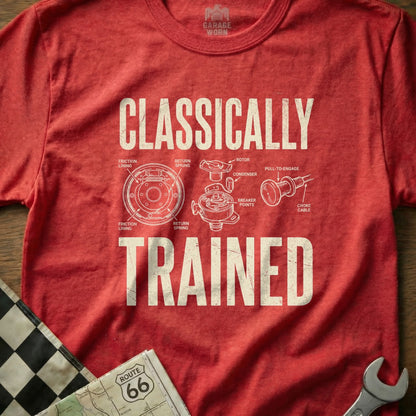 Red t-shirt with "CLASSICALLY TRAINED" and engine diagram.