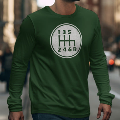 Green long-sleeve shirt with a white circle graphic of a 6-speed manual gear shift pattern.
