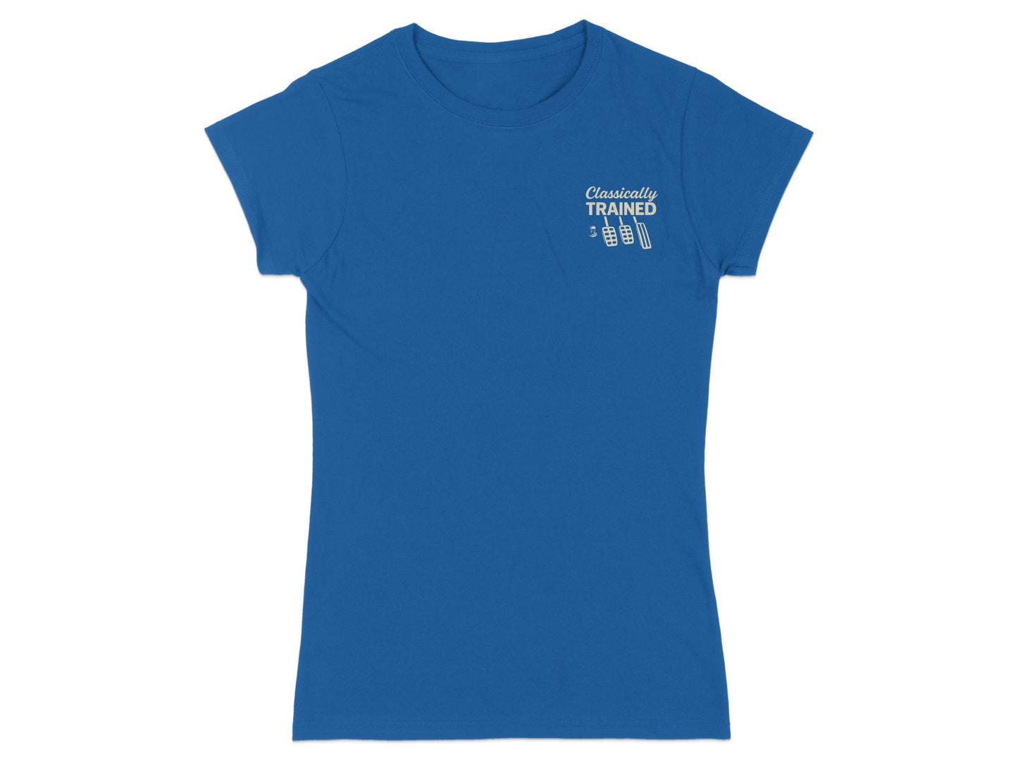 Blue t-shirt with "Classically Trained" text and a barbell graphic.