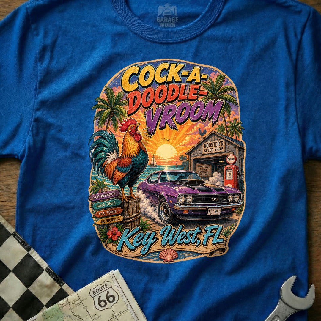 Cock-a-Doodle Vroom design with a rooster, purple car, and Key West scenery.