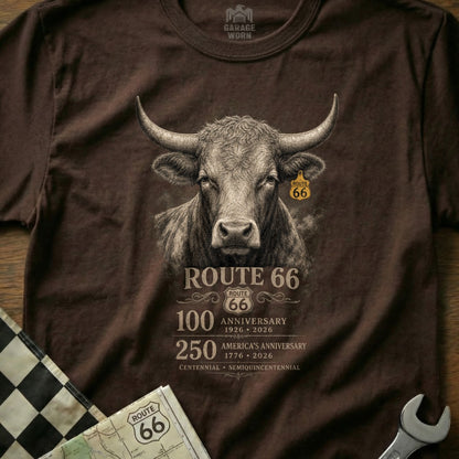 Brown t-shirt with Route 66 bull graphic, 100 and 250 anniversary text.