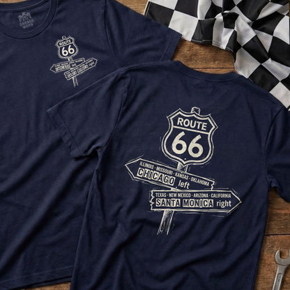 Navy t-shirts with Route 66 signpost graphic listing states and cities.