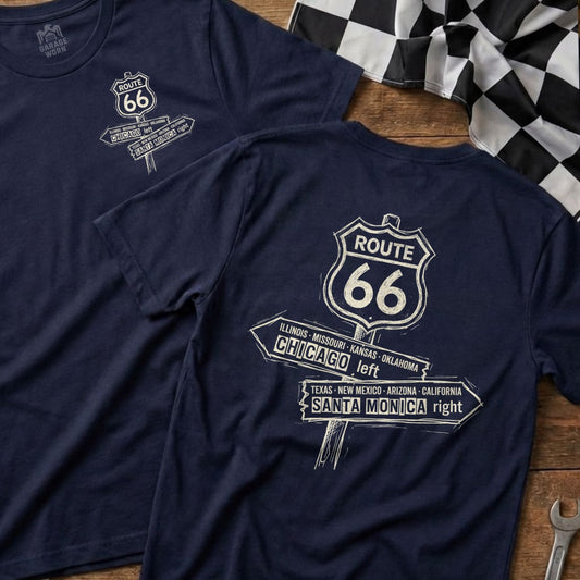 Navy t-shirts with Route 66 signpost graphic listing states and cities.