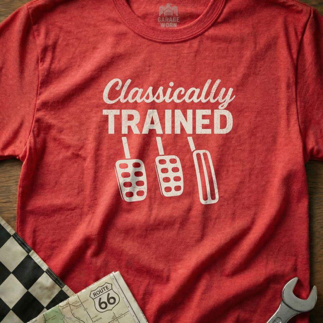 Red t-shirt with "Classically Trained" and three pedals.
