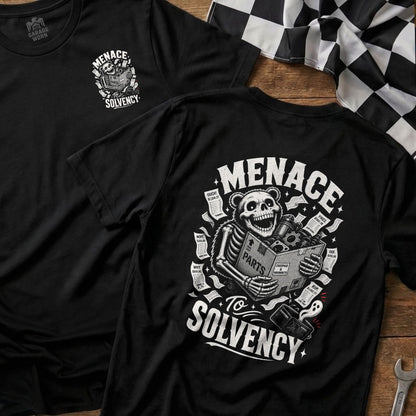 Black t-shirt with skeleton bear holding "PARTS" box, surrounded by bills.