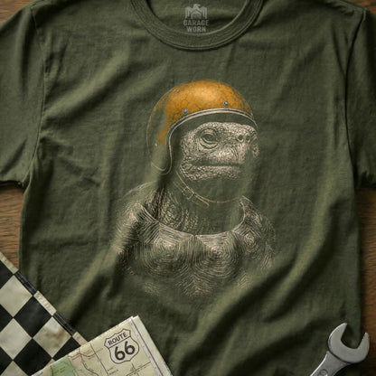 Green t-shirt with a detailed graphic of a tortoise wearing a vintage yellow helmet.