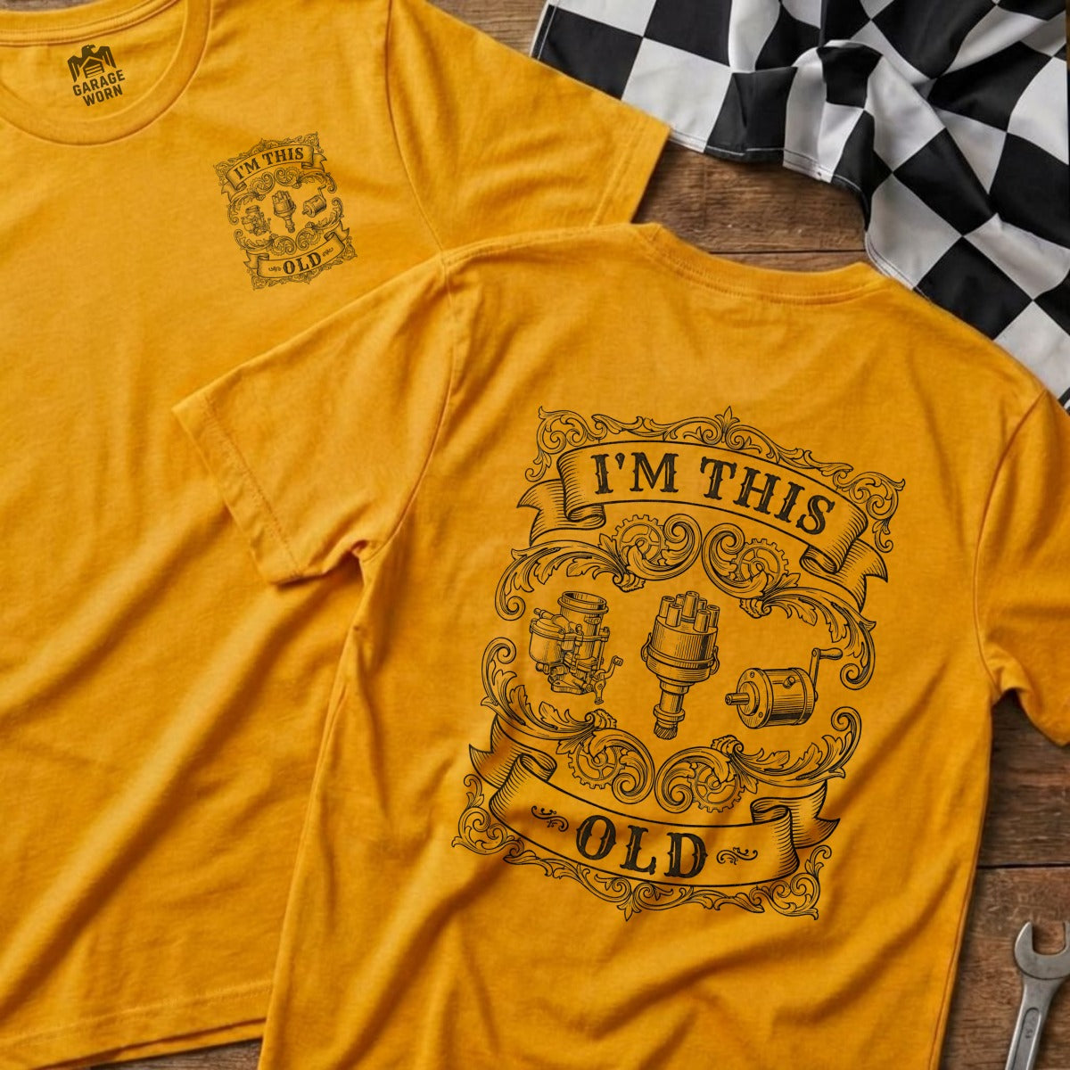 Yellow t-shirt with vintage car parts and "I'm This Old" text.