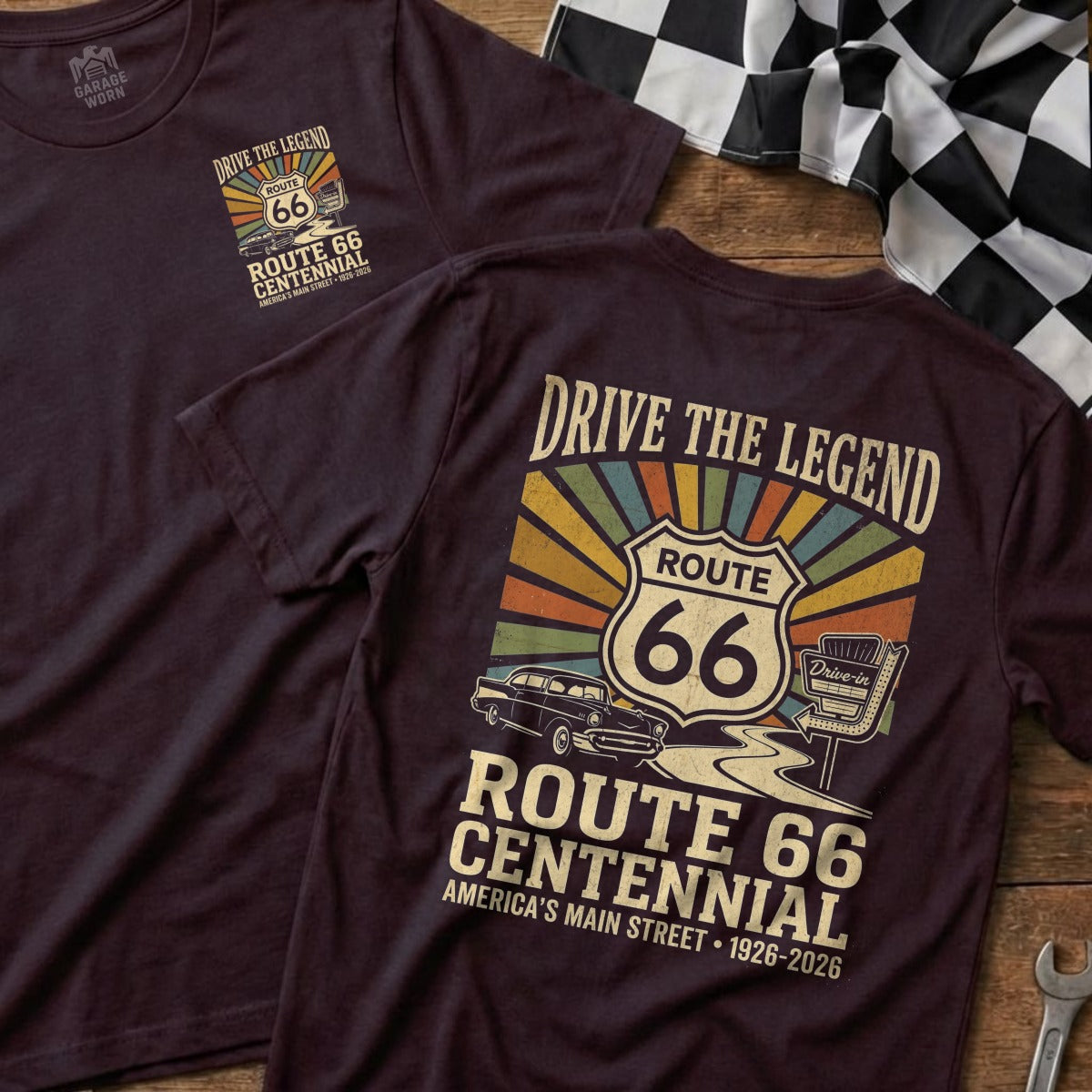 Burgundy t-shirts with Route 66 Centennial graphic and retro car.