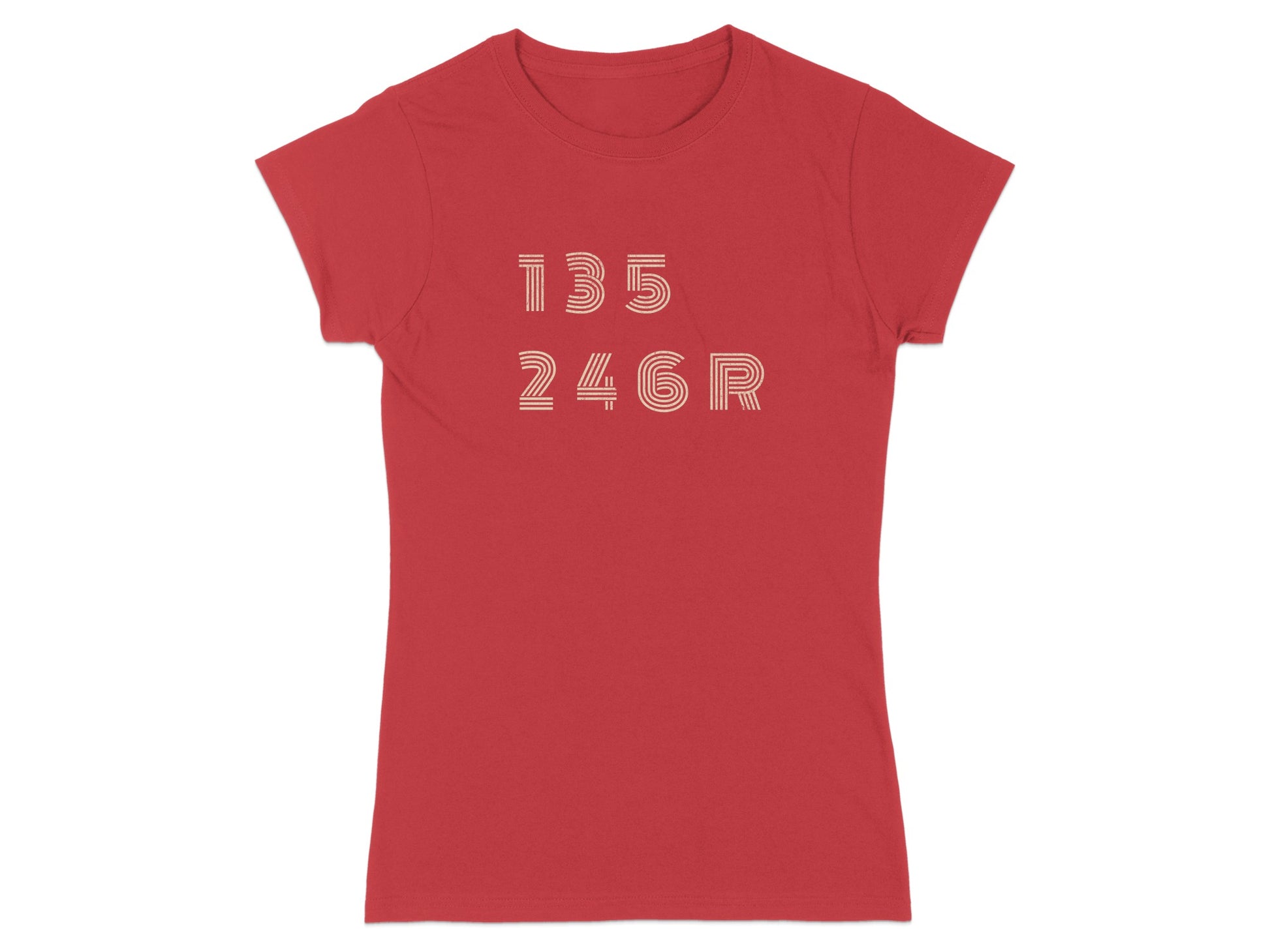 Red t-shirt with beige numbers "135" and "246R" in a staggered pattern.