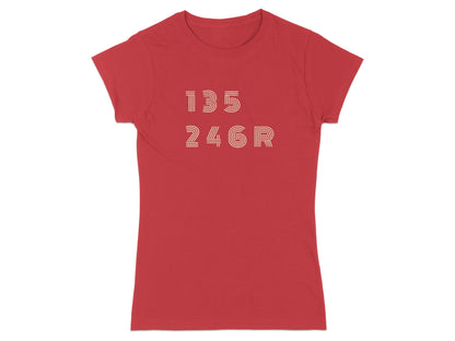 Red t-shirt with beige numbers "135" and "246R" in a staggered pattern.