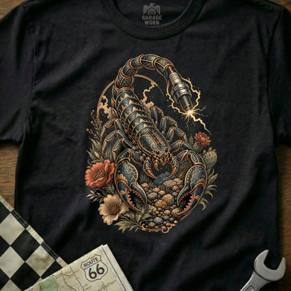 Scorpion graphic with spark plug stinger and floral elements on black t-shirt.