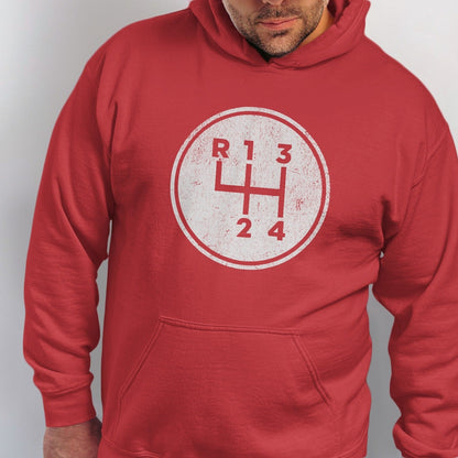 Red hoodie with a manual gear shift pattern graphic.