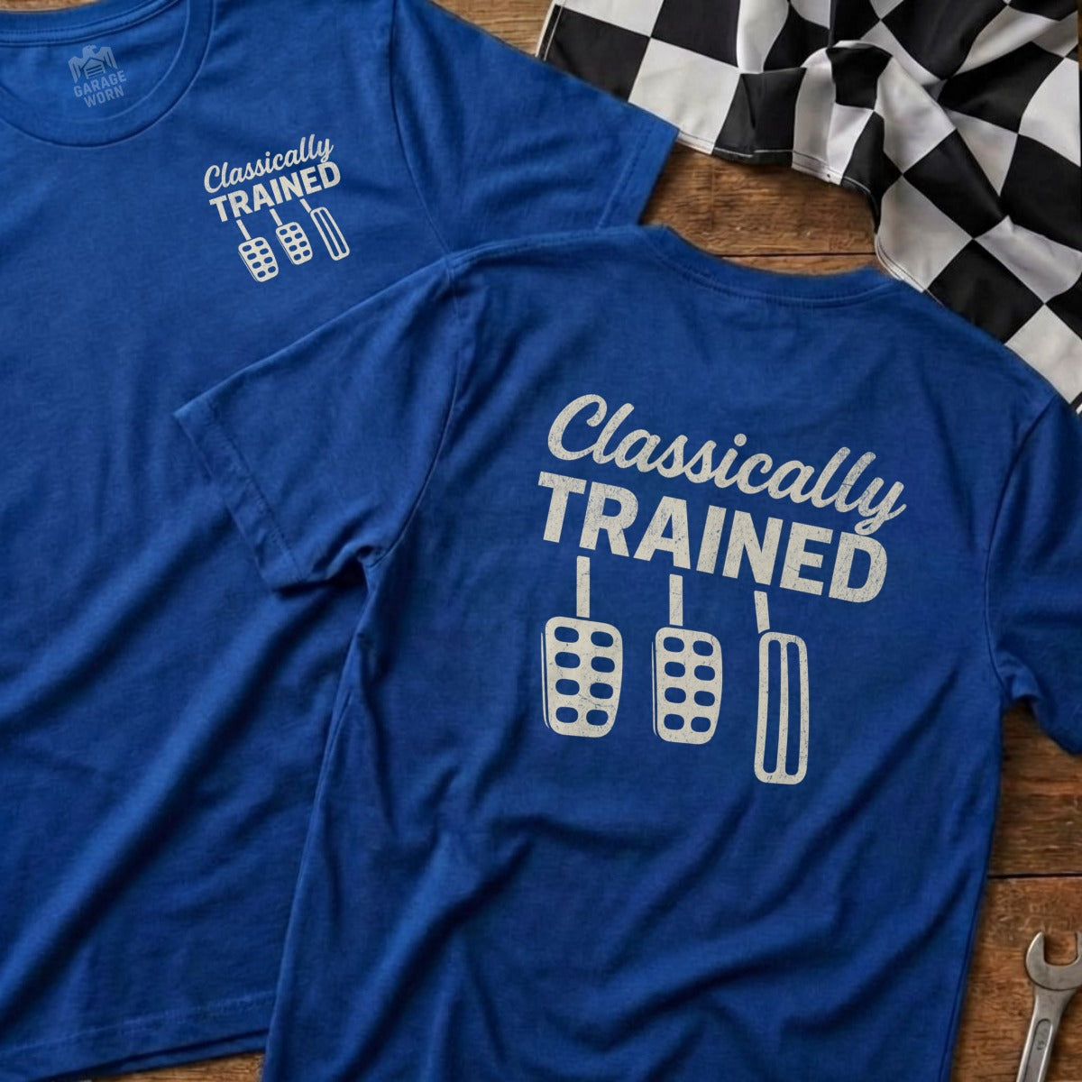 Blue t-shirts with "Classically Trained" and pedal graphics.