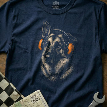 German Shepherd head with headphones on a dark blue t-shirt with Route 66 map.