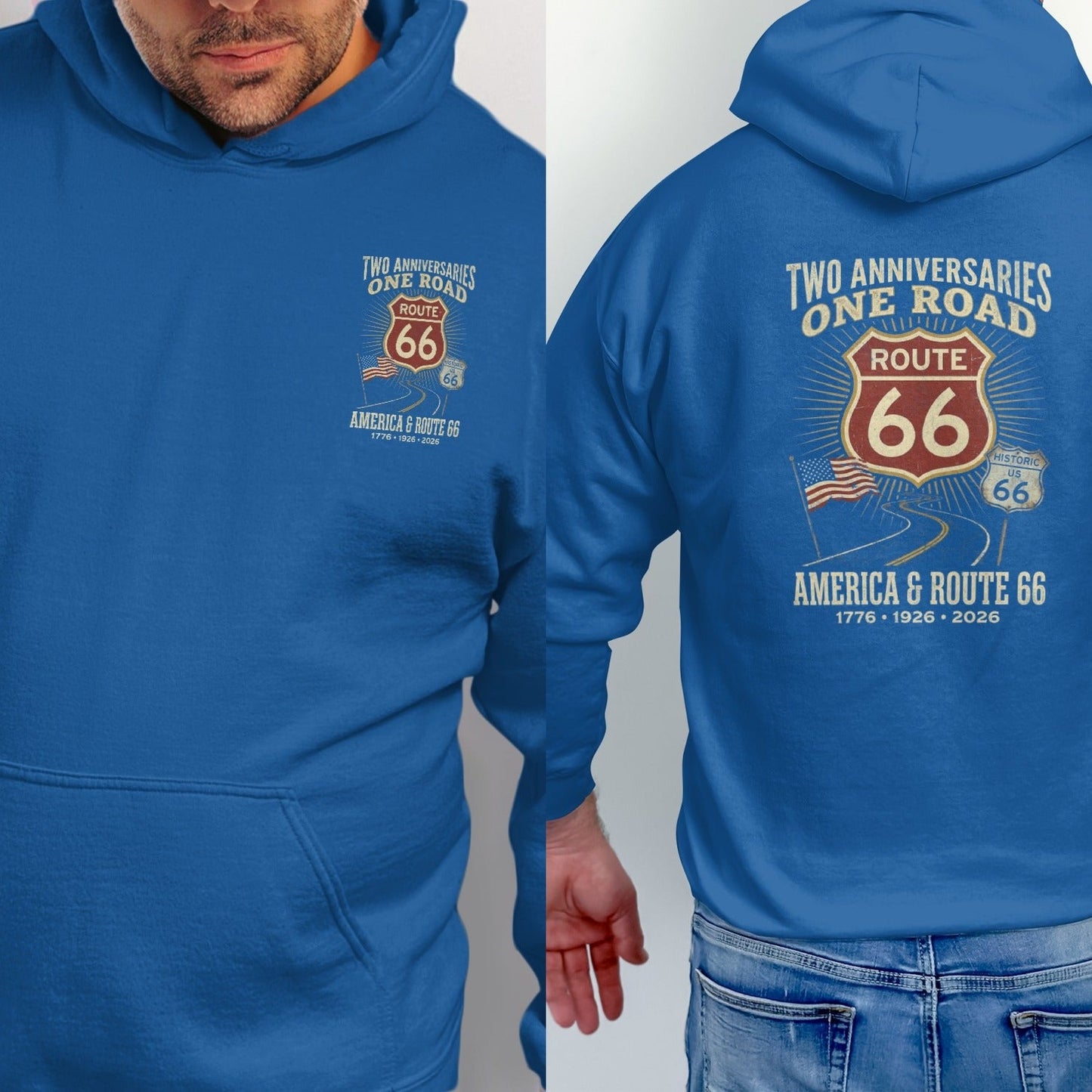 Blue hoodie with "Two Anniversaries One Road" and Route 66 graphic.