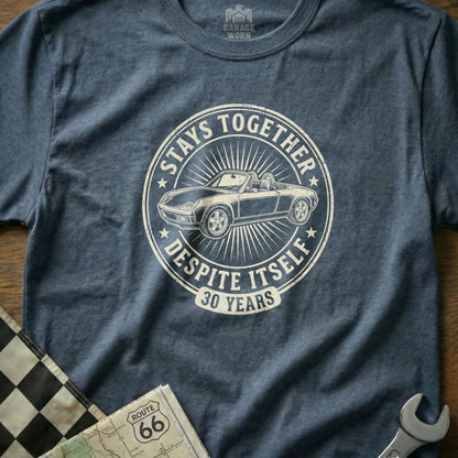 T-shirt with a circular graphic celebrating "30 Years" with a convertible car.
