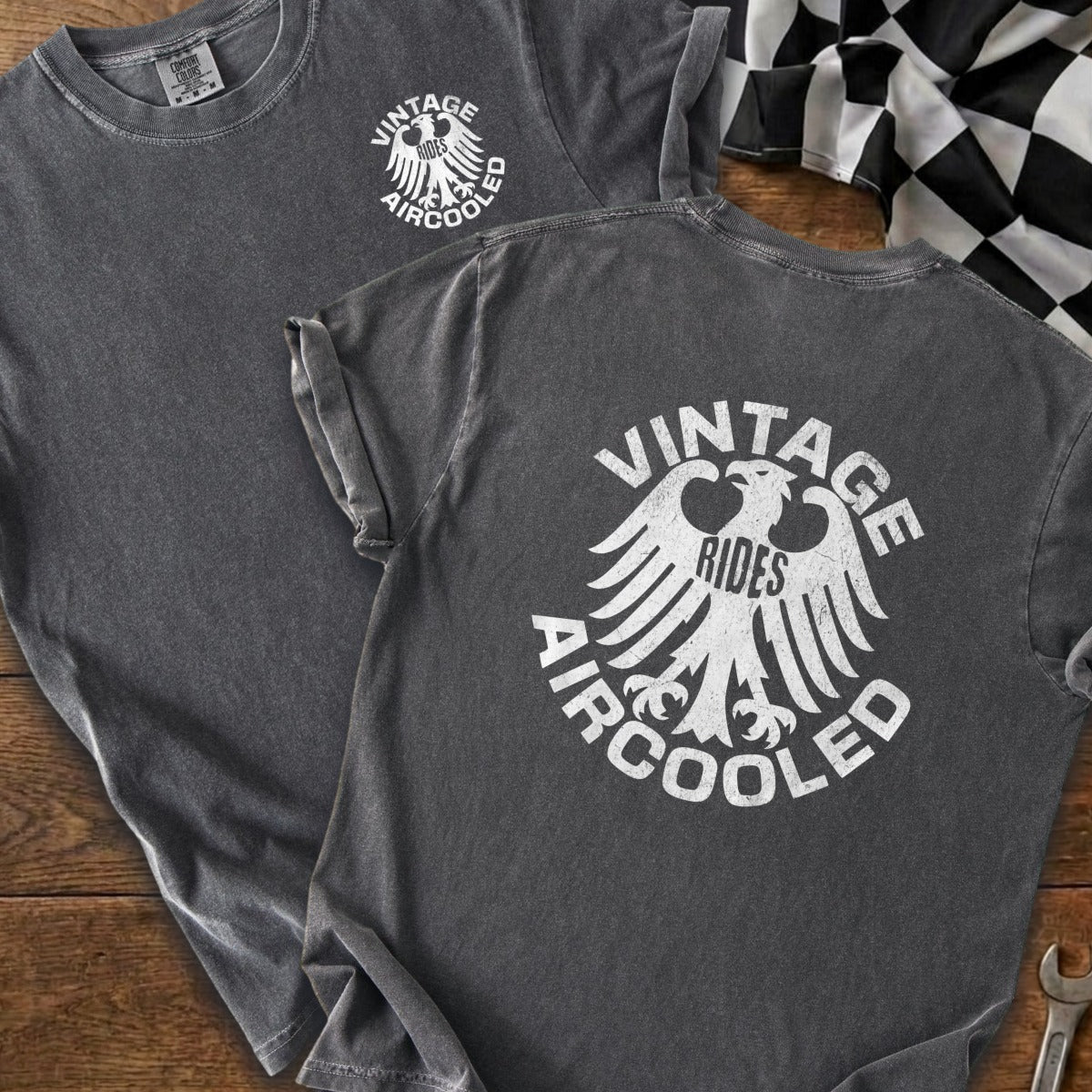 Dark grey t-shirt with vintage eagle graphic saying "Vintage Rides Aircooled".