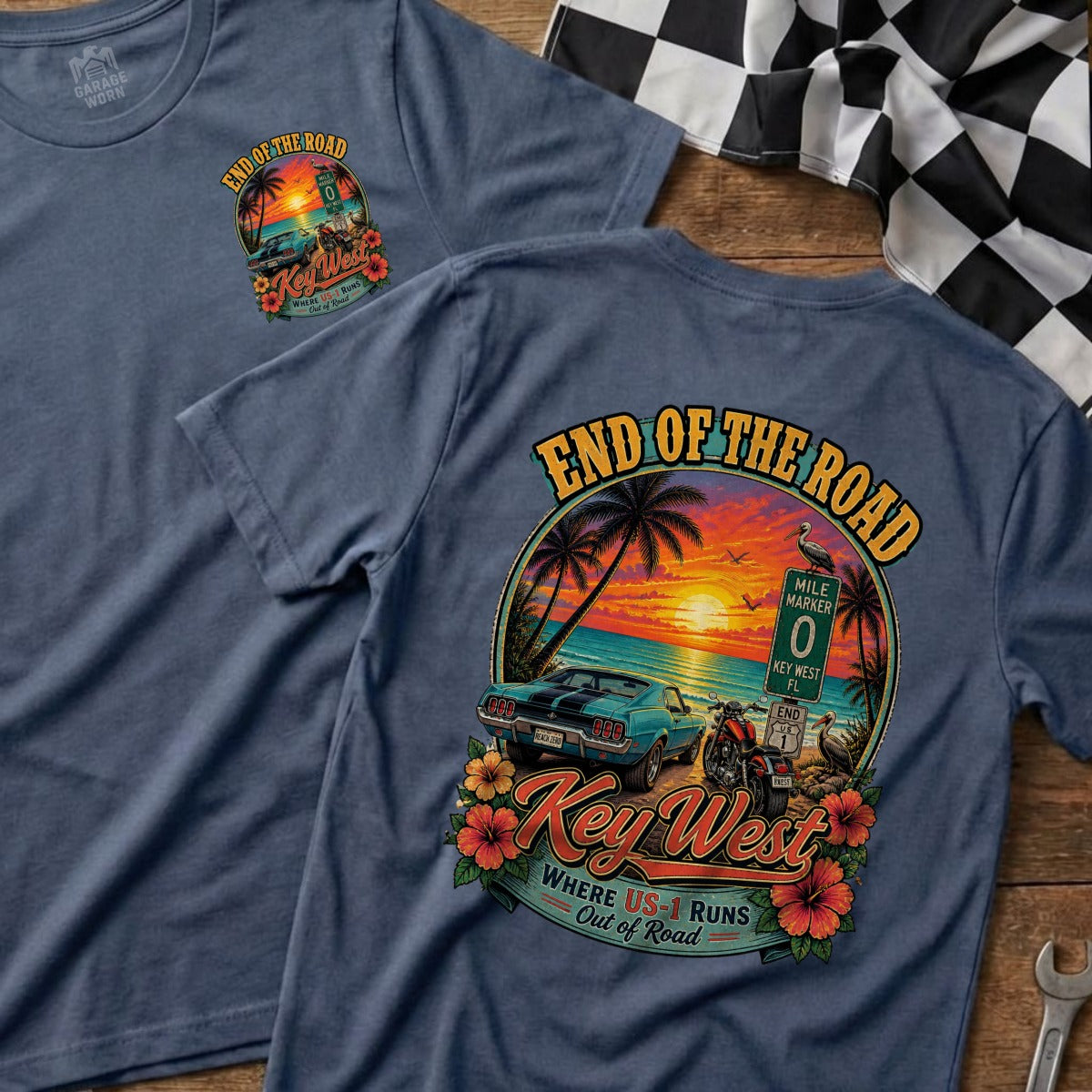 T-shirt graphic: "End of the Road" Key West with sunset, car, motorcycle, mile marker 0.