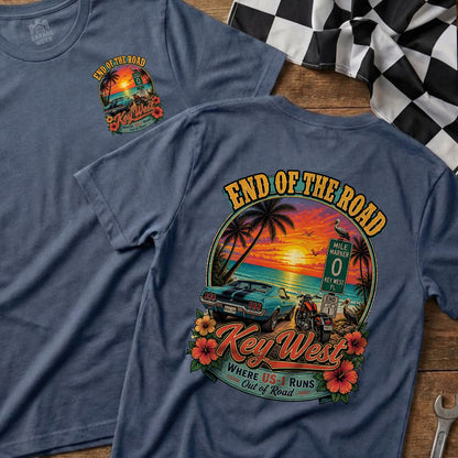 T-shirt graphic: "End of the Road" Key West with sunset, car, motorcycle, mile marker 0.