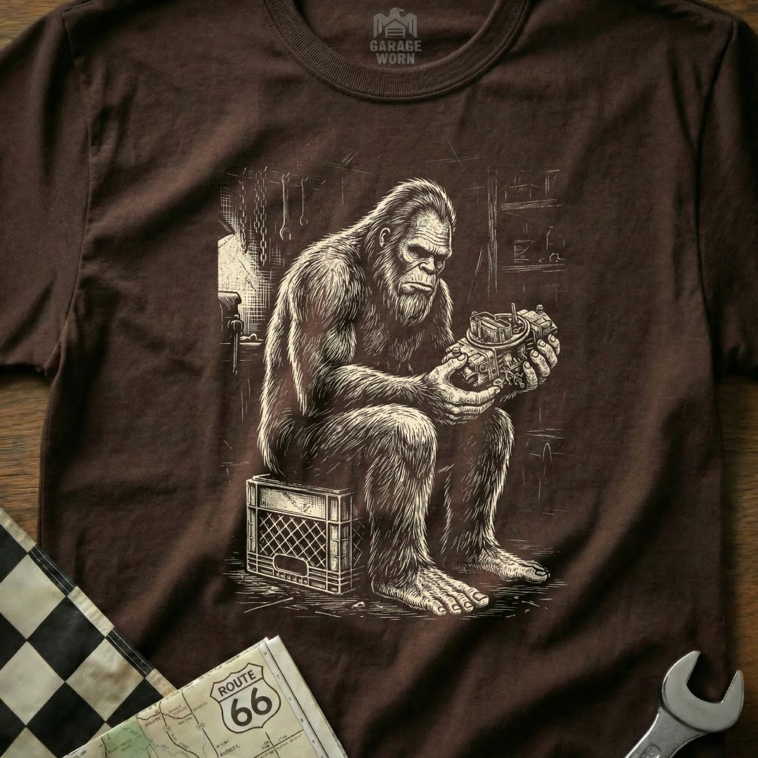 Bigfoot sits on a crate, inspecting a carburetor in a workshop.