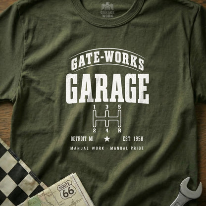 Olive green t-shirt with "GATE-WORKS GARAGE" and gear shift graphic.