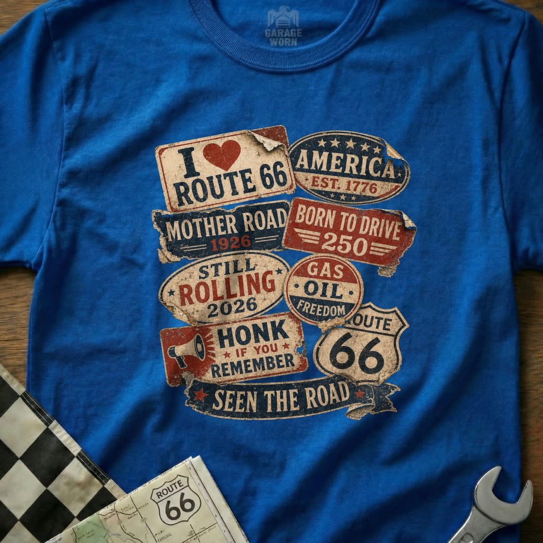 Blue t-shirt with Route 66 themed graphics and text.