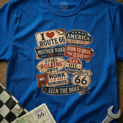 Blue t-shirt with Route 66 themed graphics and text.