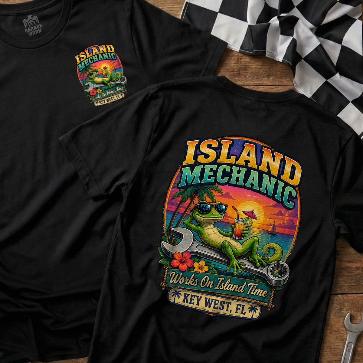Black t-shirt with gecko graphic: "Island Mechanic," "Works On Island Time," "Key West, FL."