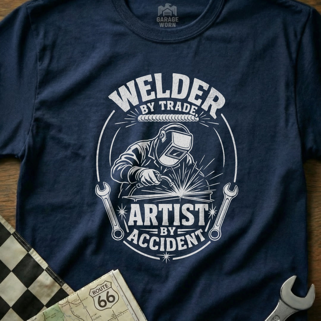 Navy t-shirt with "Welder by Trade Artist by Accident" graphic.