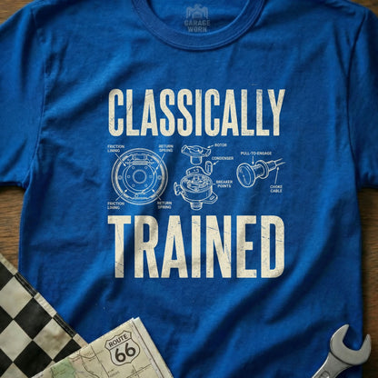 T-shirt with "CLASSICALLY TRAINED" text and an exploded diagram of a car distributor.