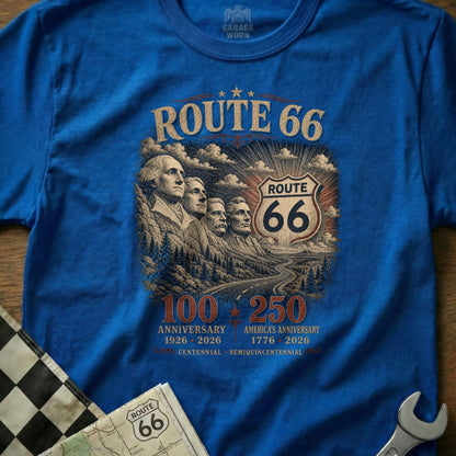 Route 66 graphic with Mount Rushmore, dates, and anniversary text.