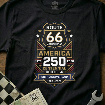 Black t-shirt with Route 66 America Centennial 100th Anniversary design.
