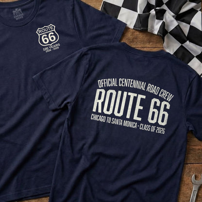 Navy t-shirts with Route 66 centennial graphics and text.