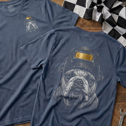 Bulldog in welding mask with cigarette, printed on a blue t-shirt.