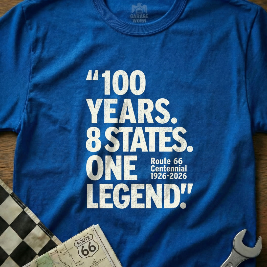 Blue t-shirt with "100 Years. 8 States. One Legend!" Route 66 Centennial text.