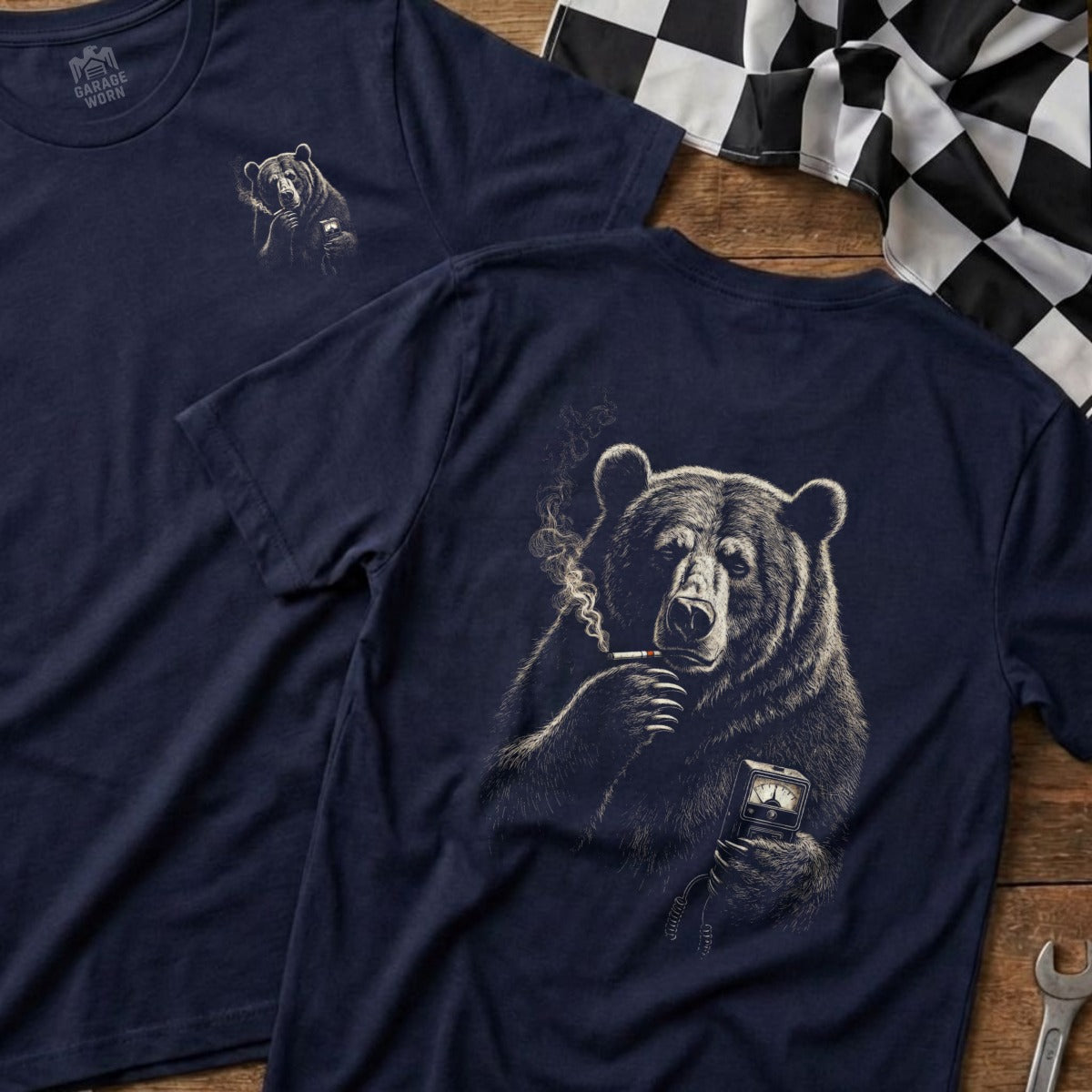Navy t-shirt with illustration of a bear smoking and holding a meter.