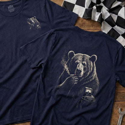 Navy t-shirt with illustration of a bear smoking and holding a meter.