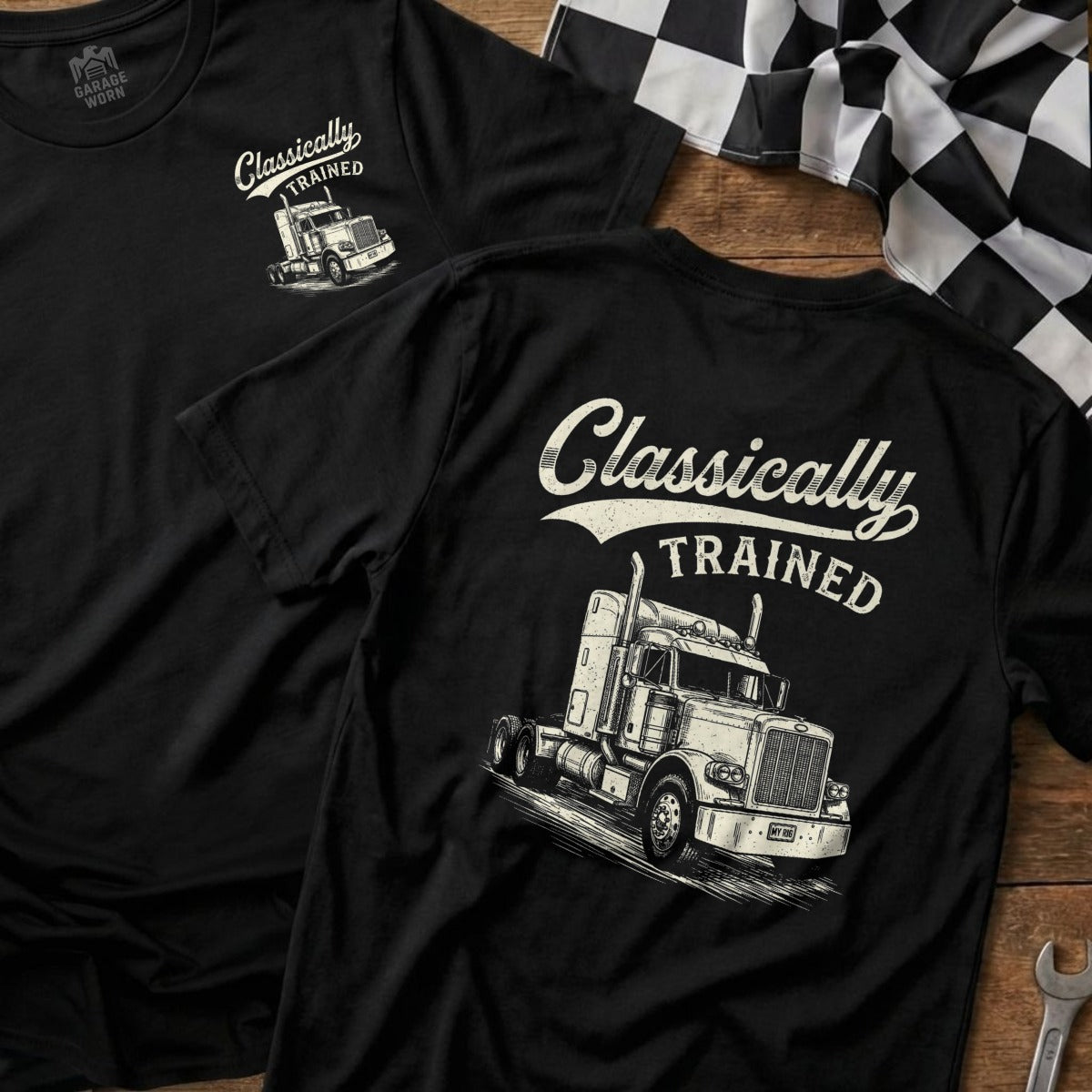 Black t-shirts featuring a graphic of a semi-truck and "Classically TRAINED" text.
