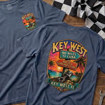 Key West t-shirt graphic with signs pointing to Cuba and a good parts store.