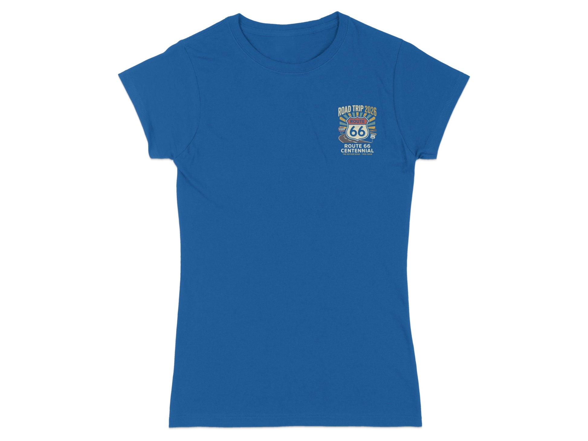 Blue t-shirt with Route 66 Centennial "Road Trip 2026" graphic.