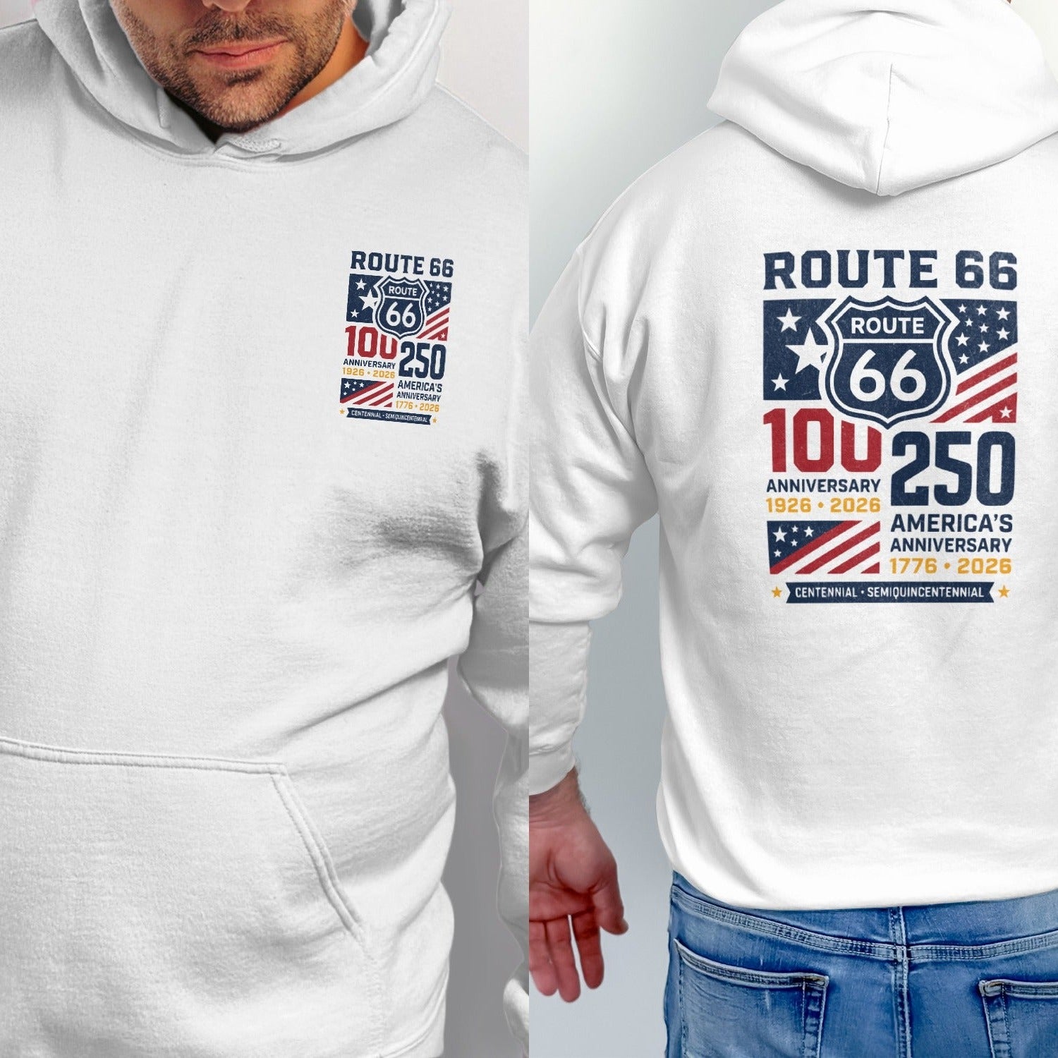 White hoodie with Route 66 anniversary logo featuring "100 250".
